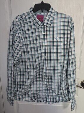 Park West Plaid Shirt Long Sleeve Cotton  Buttondown Blue Green White Mens XL